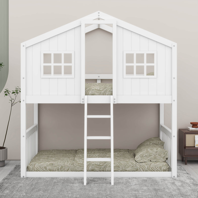 House-Style Bunk Bed With Built-In Ladder, White