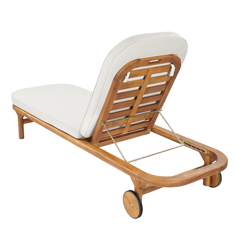 Cressida Vintage Coastal Resort Outdoor Acacia Wood Chaise Lounge with Cushion, Adjustable Backrest & Wheels, 2