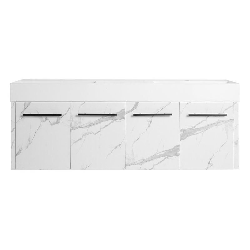 Ensemble de meuble-lavabo mural moderne avec 4 portes et lavabo en résine Ivinghoe, Blanc de Carrare / noir, Blanc