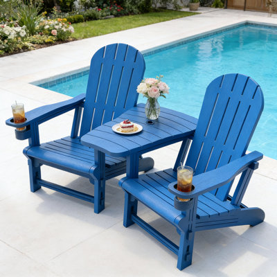 Ensemble de 2 chaises Adirondack en PEHD bleu, chaises d'extérieur en bois toutes saisons avec plateau amovible pour le jardin, la cour et la piscine