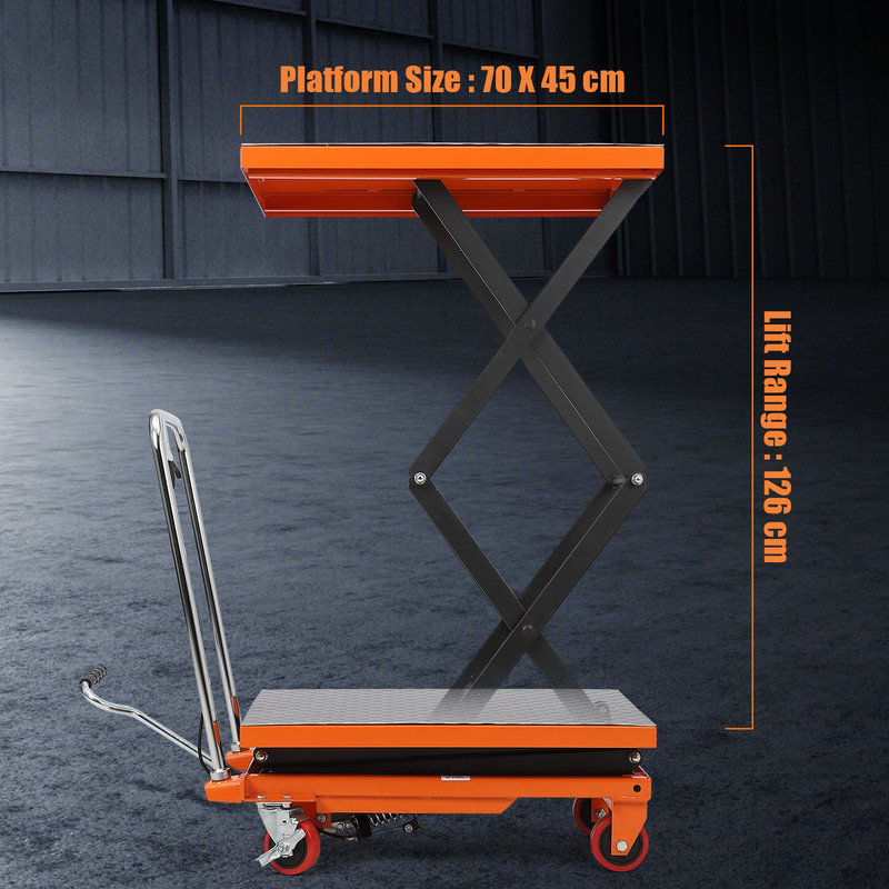 Table élévatrice à ciseaux manuelle, capacité de 330 lb, hauteur réglable 50 po, plateforme antidérapante, chariot mobile avec 4 roues verrouillables - orange