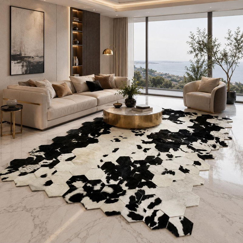 Tapis hexagonal noir en cuir de vache blanc, tapis en cuir patchwork, 8 x 10 pi