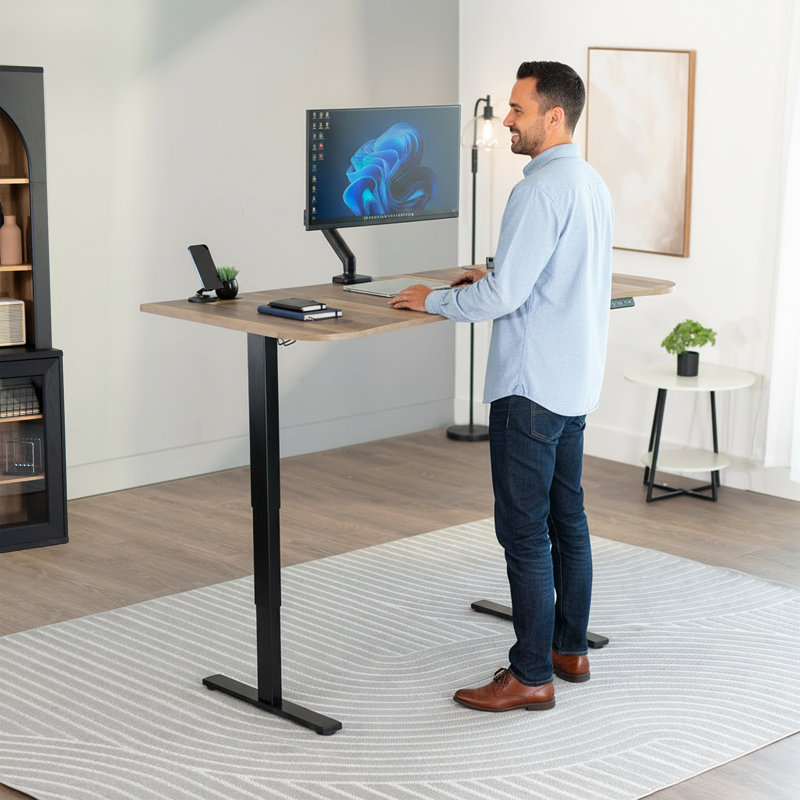 Adjustable Height Curved Steel Standing Desk, Black, Reclaimed Wood