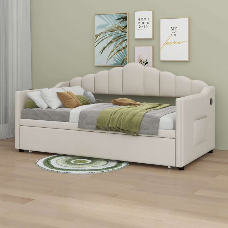 Upholstered Twin Size Daybed With Pop Up Trundle  And 2 Side Pockets, Beige