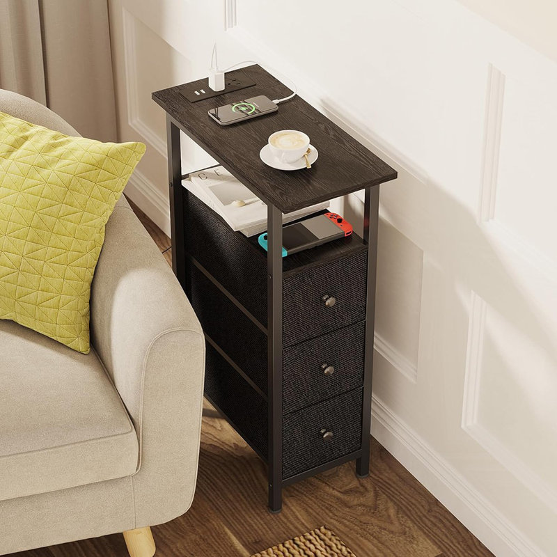 Table de bout avec station de charge, table d'appoint étroite avec 3 tiroirs en tissu, table de chevet mince avec lumière DEL, table de chevet mince pour la chambre à coucher, le salon, les petits espaces, noir