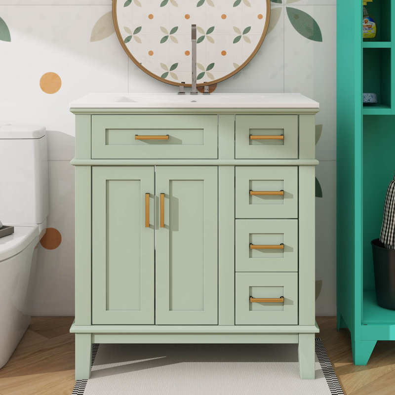 Meuble-lavabo de 30 po avec lavabo en céramique, armoire de rangement moderne avec portes à fermeture en douceur, tiroir profond et tiroir régulier