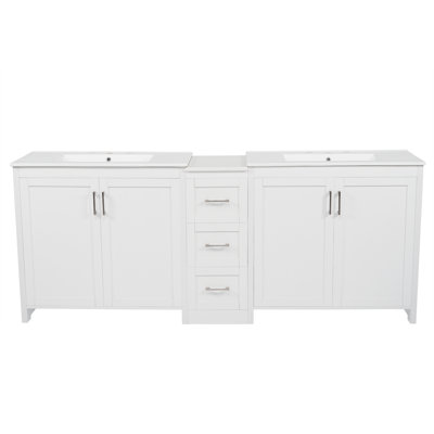 Meuble-lavabo double 84 po, 2 lavabos en céramique et comptoir en quartz 84 po, avec tablettes réglables et 3 tiroirs, grand espace de rangement, poignées en métal argenté et charnières à fermeture douce, blanc