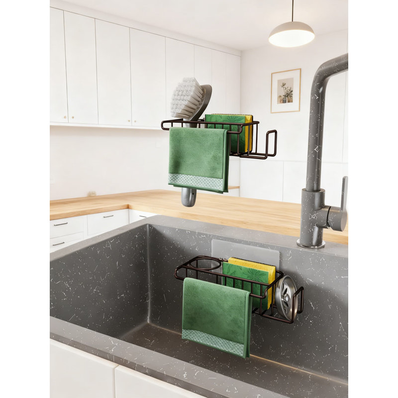 Organisateur de chariot d'évier de cuisine 4-en-1 avec éponge, savon, brosse et porte-serviette - Conception durable en acier inoxydable antirouille pour un séchage rapide et un gain de place