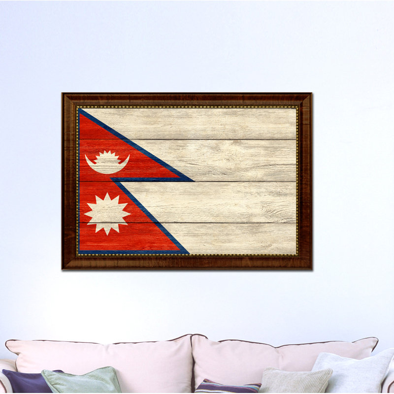 Drapeau du Népal - impression sur toile, H 15 po x l 21 po x P 1 po, Encadrement brun