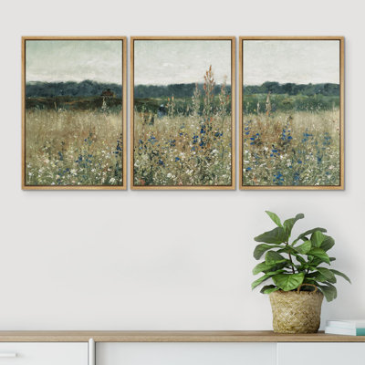 Rural Landscape " Pastoral Fields Rustic Wildflower Countryside Floral Landscape Illustration Rustic Artwork Ultra " 3 - Pieces
