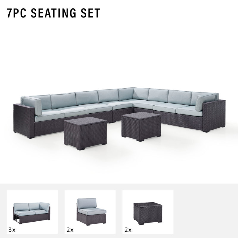Ensemble de conversation modulaire en rotin de 7 pièces avec coussins Arbedella, Brume