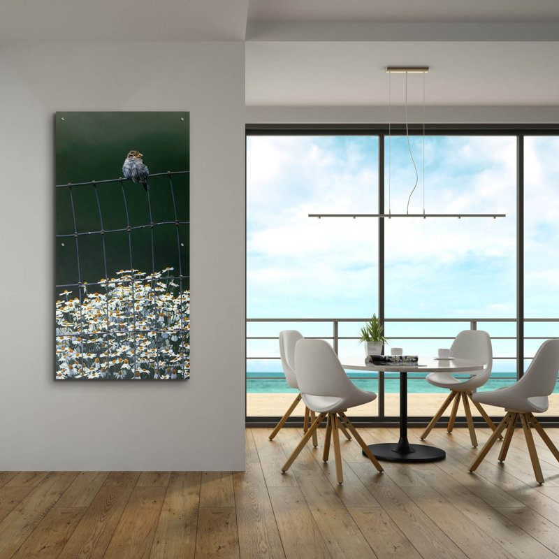 Latitude Run® «House Sparrow & Daises» par Ron Parker, verre acrylique Wal Art, H 48 po x l 24 po