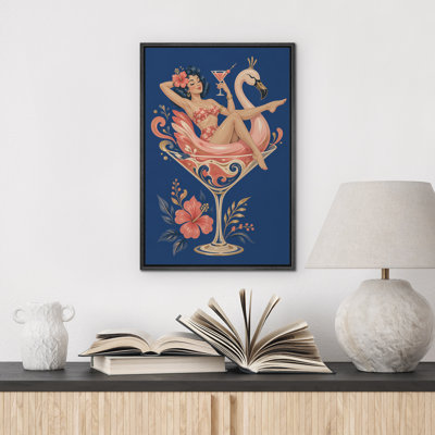 «Retro Pink Flamingo Cocktail Girl», reproduction d'art sur toile encadrée dans la chambre principale