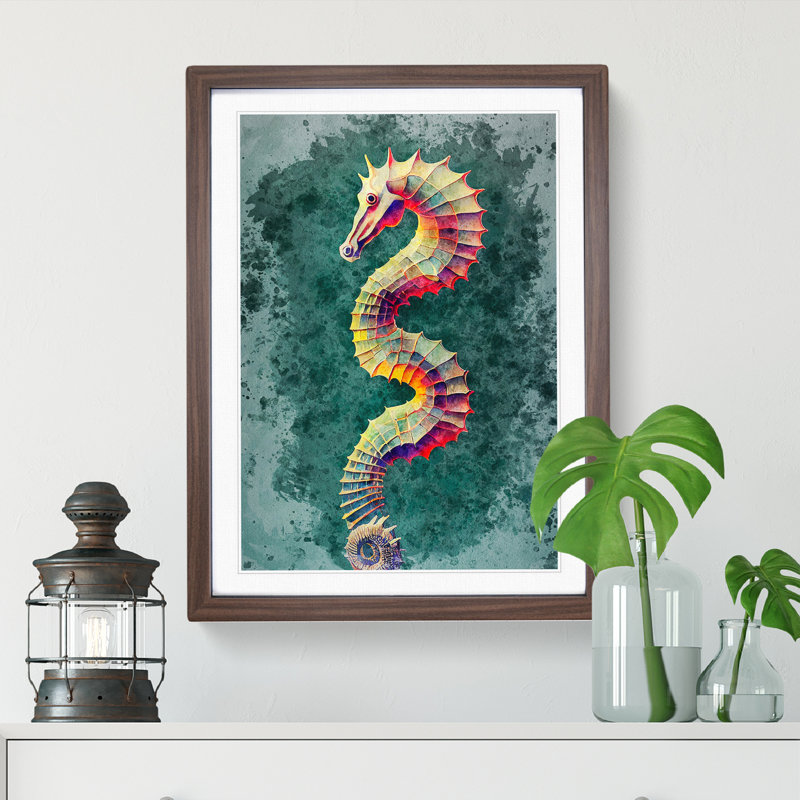 Watercolour Seahorse - Single Picture Frame Painting, 64cm H x 46cm W x 2cm D, Walnut