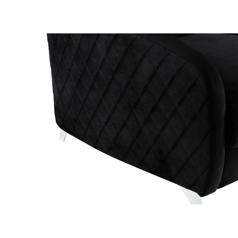 Fauteuil en velours noir 36 po - Style moderne avec coutures à motif de losanges, pieds en métal, coussins à ressorts ensachés, coussins