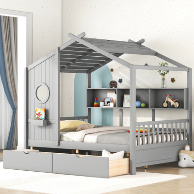 Full Size, House - Style Wooden Bed, Gray, 2 Drawers, Shelf For , Safe Gray Size Bed With Shape, Drawers And Storage Necklaces, Pinewood Build
