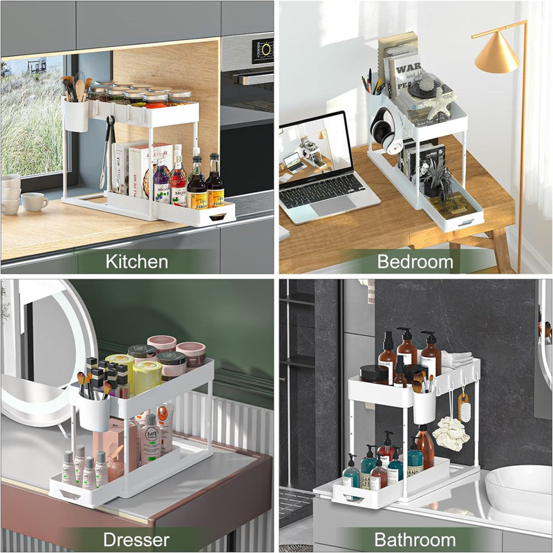 White Adjustable Height 2-Tier Under Sink Organizer with Slide-Out Drawers