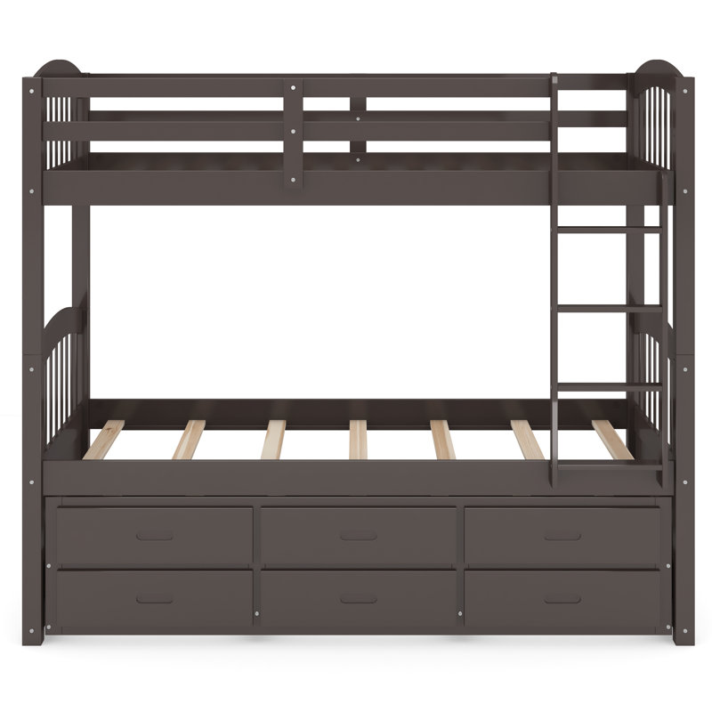 Lit superposé simple en bois avec lit gigogne et tiroirs, Espresso