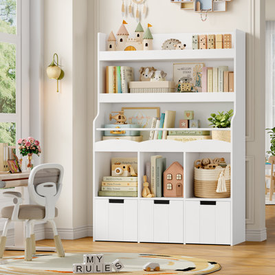 55.3" H Standard Kid Bookcase with 3-Tier Bookshelves, 39.3" W Modern Wood Toy Storage Organizer for Kids Room, Playroom, Kindergarten, White