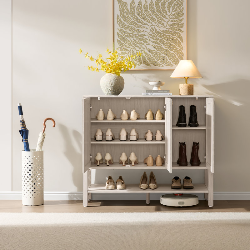 Delsin 30 Pair Boho Rattan Shoe Cabinet With 3 Doors And Adjustable Shelf, White Cream Oak, Individual