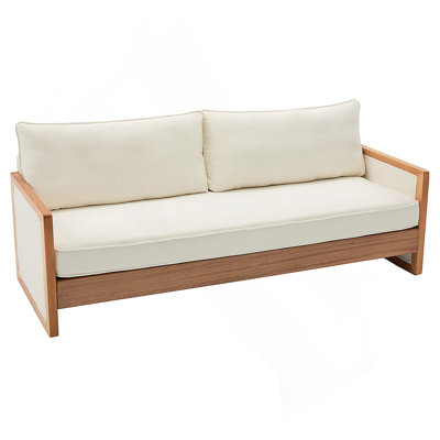 Modern Three-Seater Sofa Couch With Comfortable Cushions And Elegant Wooden Armrests, Perfect For Contemporary Living Spaces.