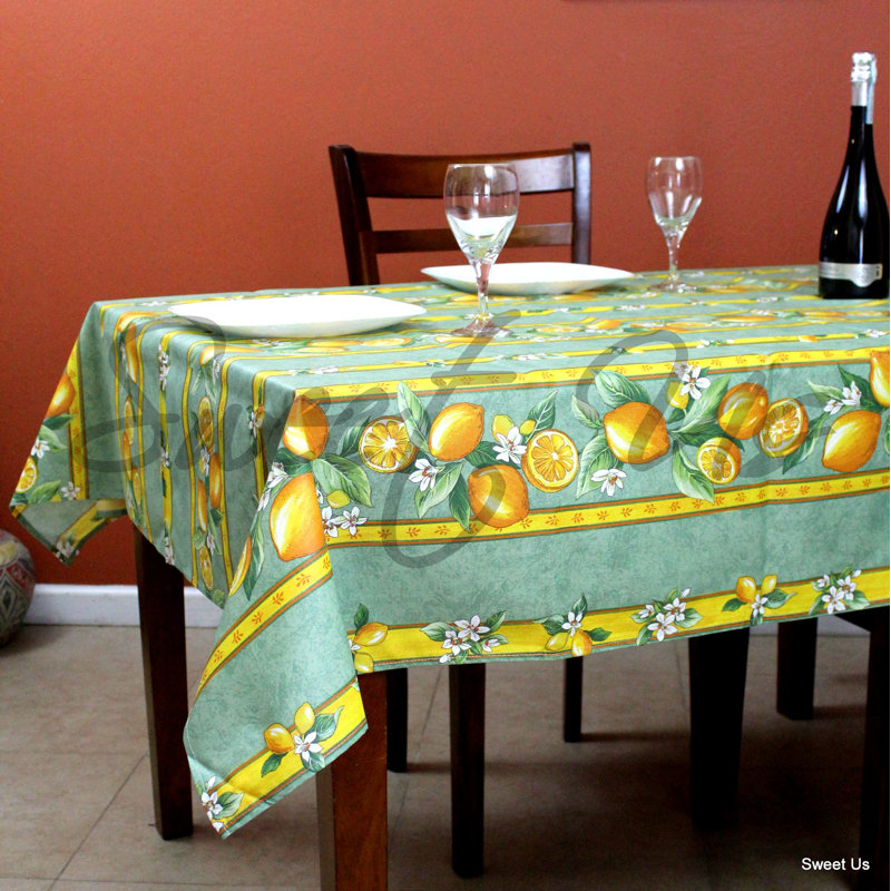 Wipeable Stain Resistant Acrylic Coated Cotton French Provencal Lemon Floral Tablecloth, 136" L x 60" W, Mint Green