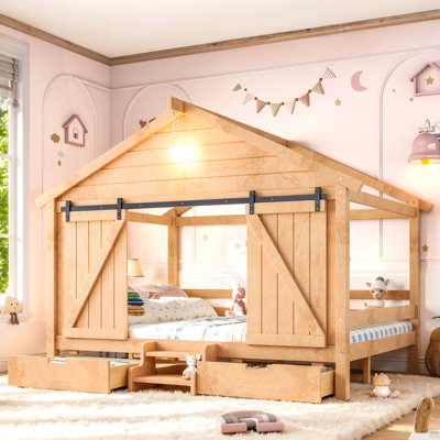 Full Size Farmhouse Bed with Sliding Barn Door and Light Bulb, Wood house Bed Frame with Stair and Drawers, Light Natural