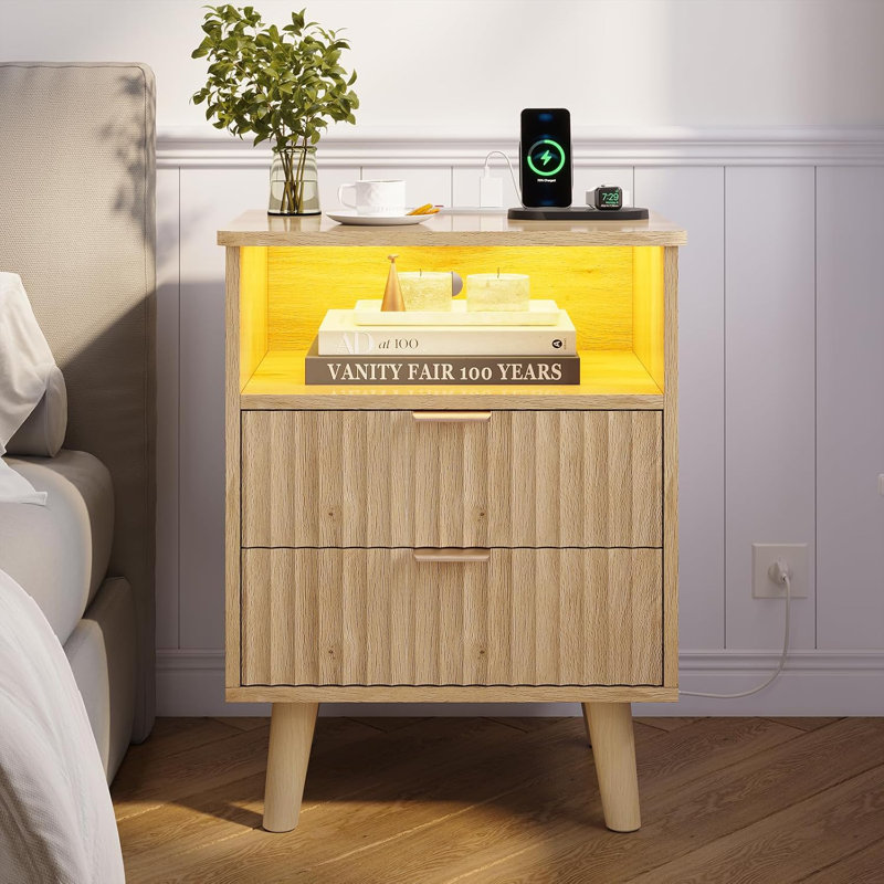 Fluted Nightstand with Charging Station - 2 Drawer Night Stand, Curved Bedroom End Table, Wood, Natural Oak