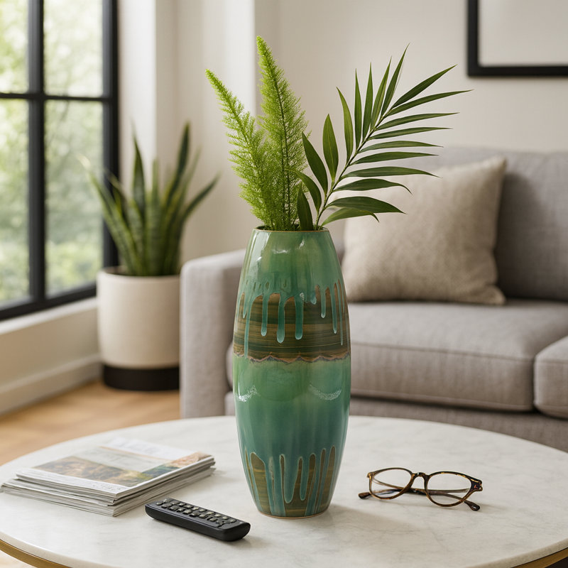 Handcrafted Pottery and Metal Decorative Vase with Textured Detailing, 21" H x 8" W x 8" D
