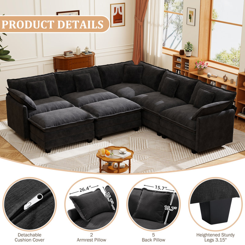 Canapé modulaire en L en chenille de 111,5 po avec 7 repose-pieds George, Noir