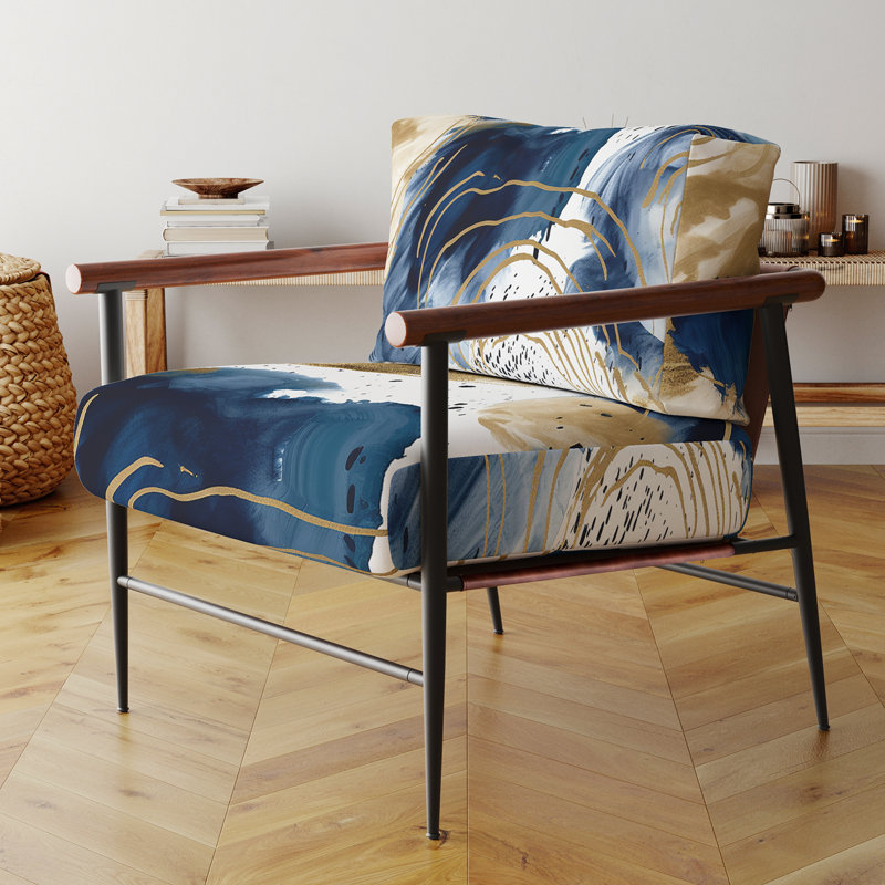 Motif abstrait avec textures bleues et dorées II - Chaise d'appoint rembourrée à motif abstrait, Noir