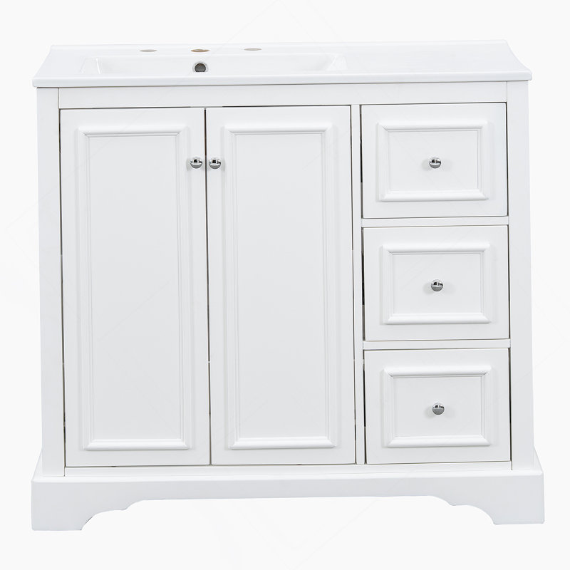 Meuble-lavabo de 36 po de style transitionnel avec lavabo en céramique - comprend 2 portes à fermeture en douceur, une tablette réglable en forme de U, 3 tiroirs (dont un avec cloison), une finition peinte et un grand espace de rangement
