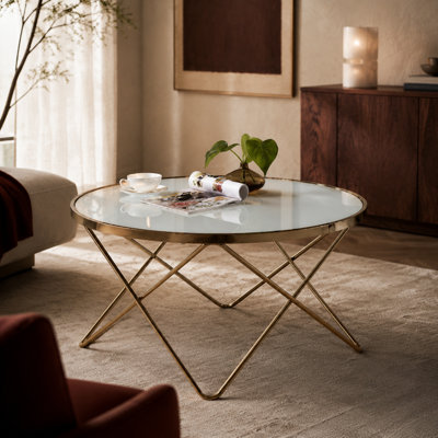 Champagne Metal and Glass Round Coffee Table