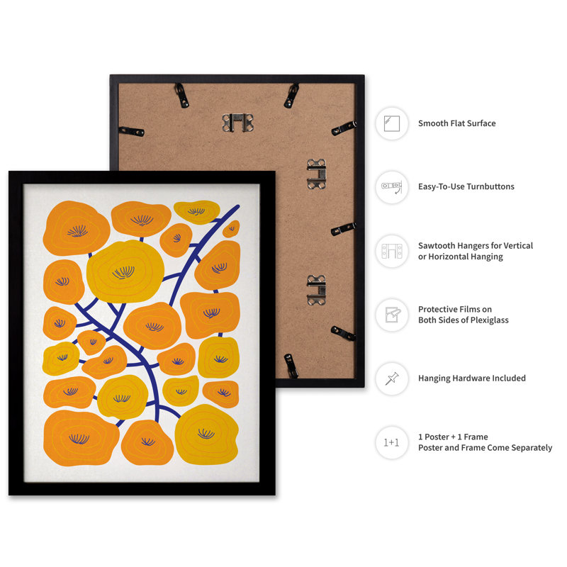 Abstrait floral jaune, Cadre noir, Affiche, H 08 po x l 10 po