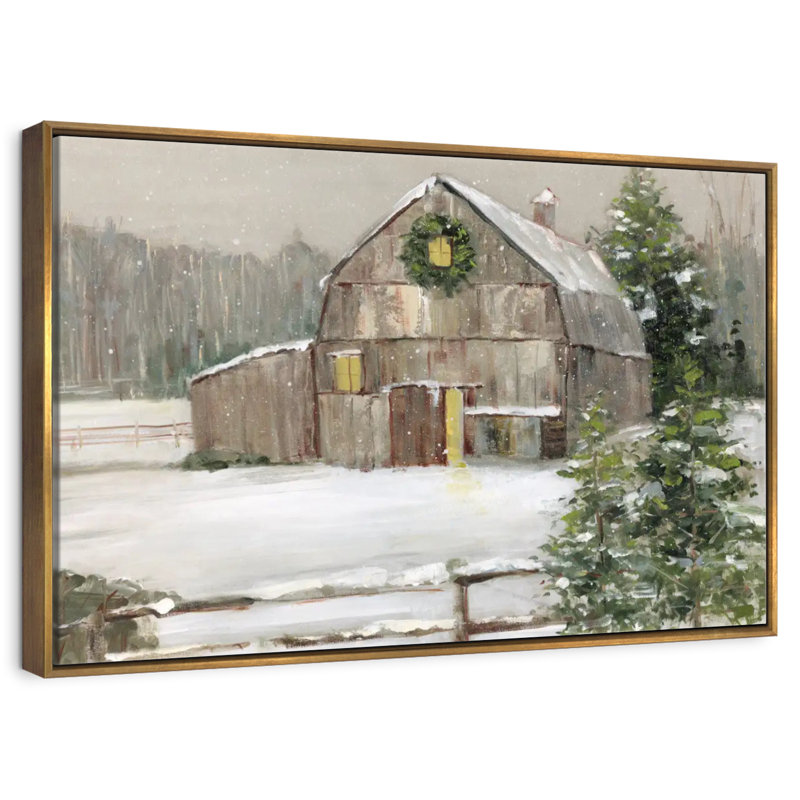 Grange enneigée, Cadre flottant doré, 37 po x 25 po