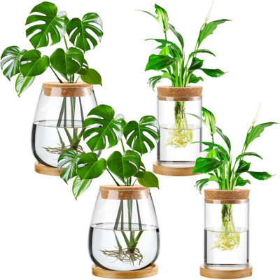 4 Pcs Plants Propagation Stations Vases Glass Planters With Wooden Lid And Bamboo Stand For Hydroponic Plants Gardening Gifts For Women Mom Home Office Tabletop Decoration(Classic Style)