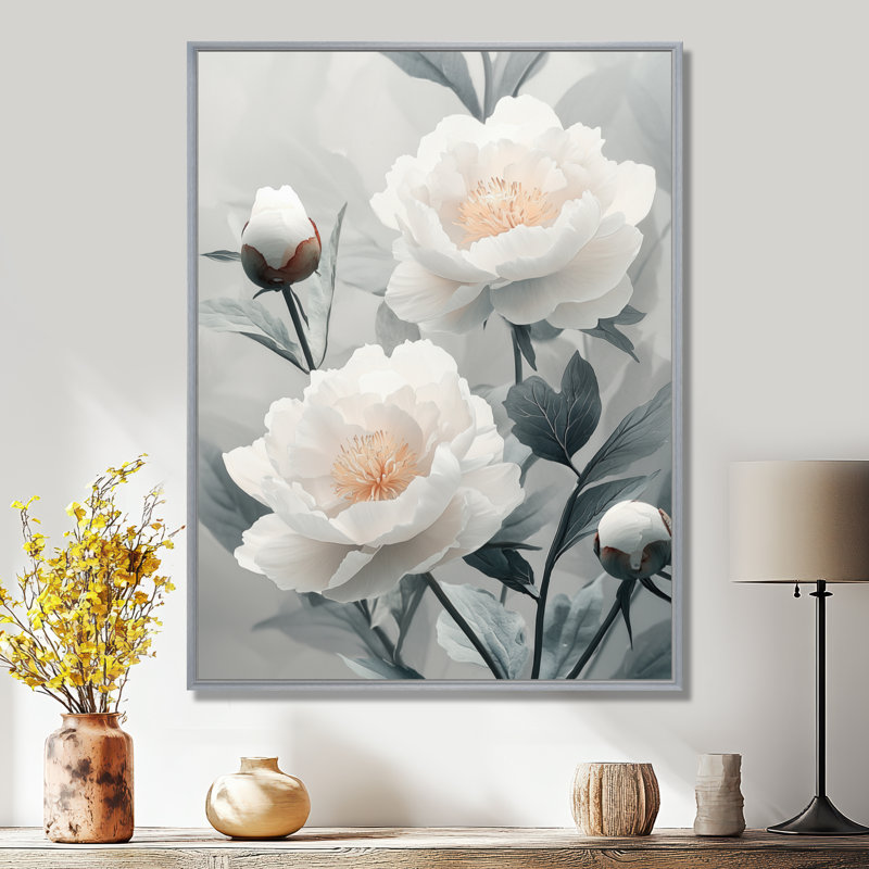 Monochromes flou artistique pivoines III - pivoines, art mural, Argent argent, H 32 po x l 24 po
