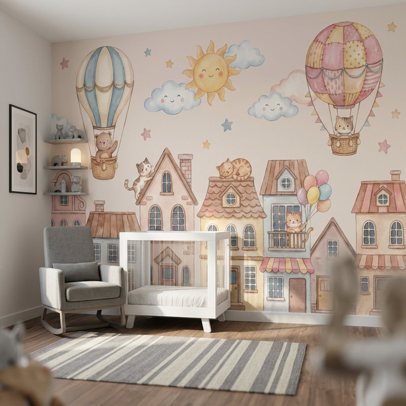Papier peint montgolfière pour enfant, Texturé non collé, 200 po x 120 po