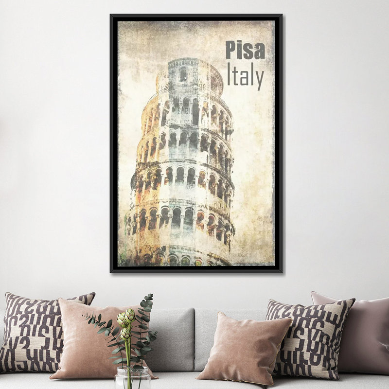 Tour de Pise, impression sur toile tendue, H 26 po x l 18 po x P 1,5 po, Toile avec cadre noir, Pas de tapis