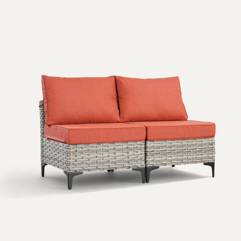 Ensemble de conversation en osier / rotin pour 2 personnes avec coussins Emroy, Rouge mandarine