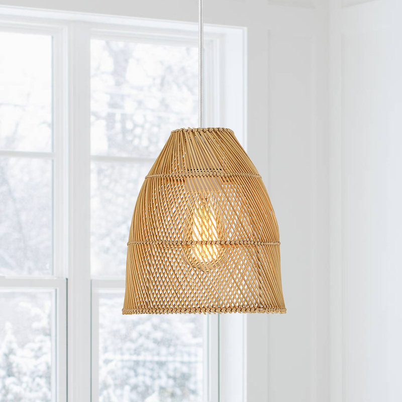 1-Light Natural Rattan Bell Island Mini Pendant Light