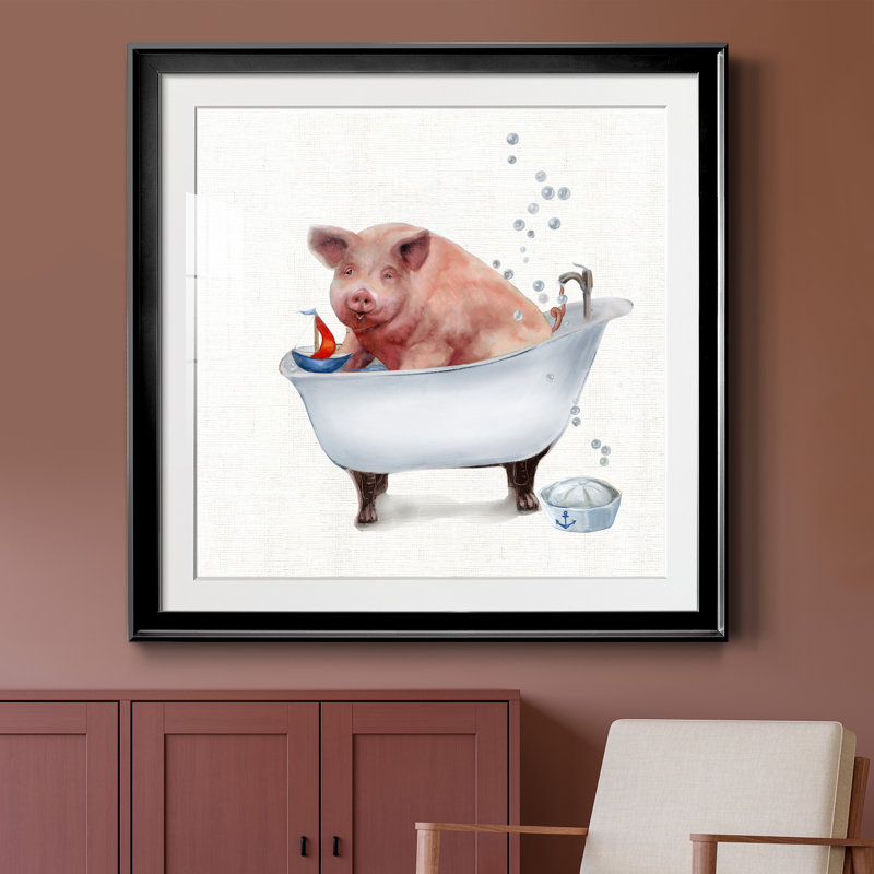 «Farm Tub Pig» - peinture encadrée, H 30,5 po x l 30,5 po x P 1,5 po, Toile avec cadre noir