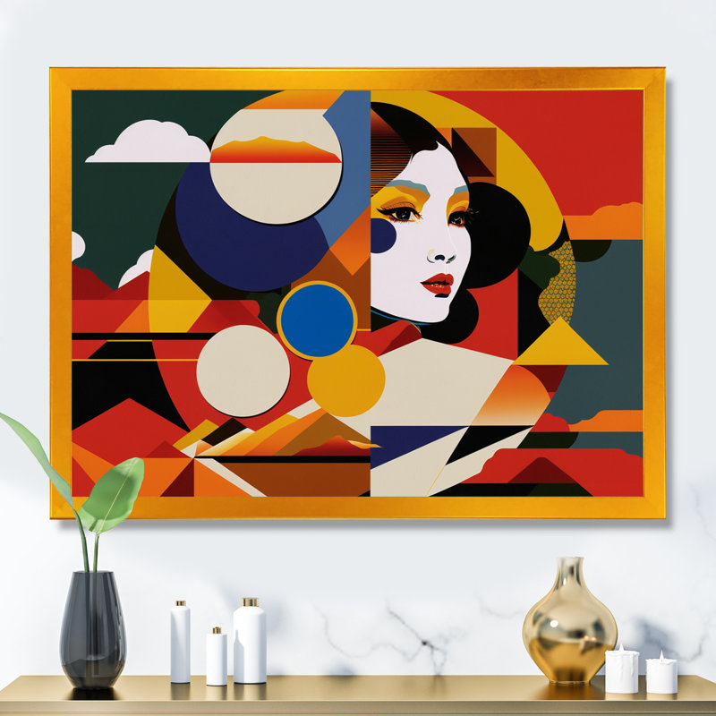 Portrait coloré de femme II - femme avant-garde, art mural sur toile, L 20 po x H 12 po, Cadre d'angle fermé doré
