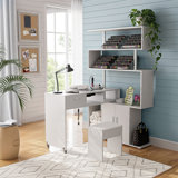 Grunewald Manicure Table L-Shaped Nail Desk with 1 Stool, Dust Collector, Two-Way Drawer, Cabinet & Storage Shelves, Rotating Reversible Manicure Workstation on Wheels