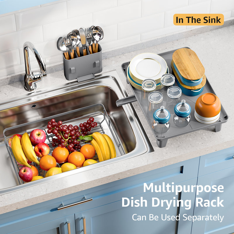 Dish Drying Rack for Kitchen Counter, Large Dish Racks with Drainboard, Kitchen Sink Dish Strainer Rack, Gray