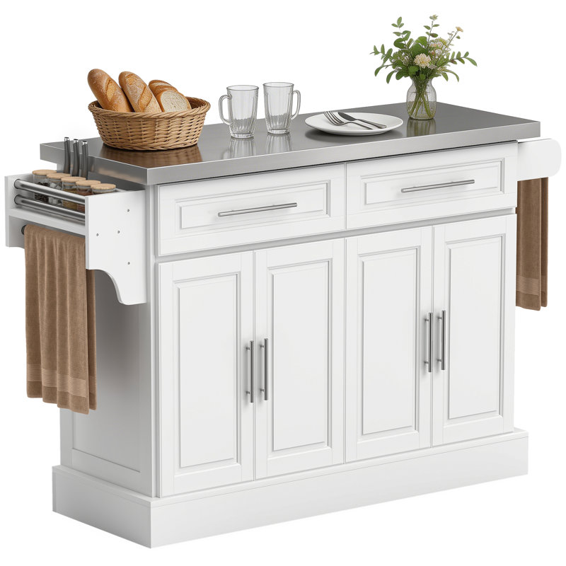 Rolling Kitchen Island With Storage, Portable Kitchen Cart With Stainless Steel Top, 2 Drawers, Spice, Knife And Towel Rack And Cabinets, Black