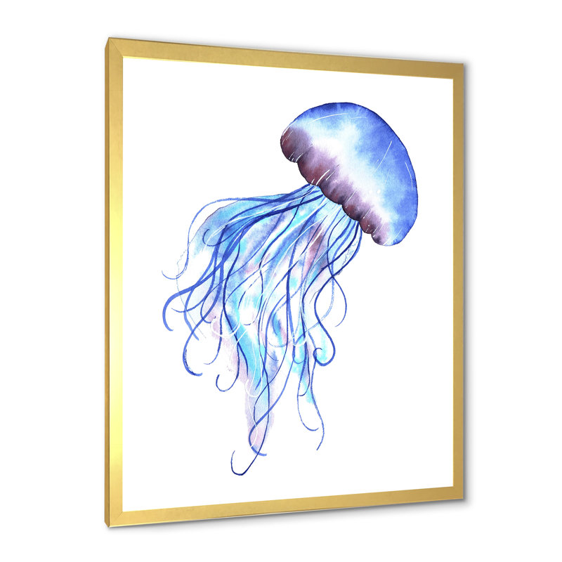 Adorable méduse bleue - reproduction sur toile, H 20 po x l 12 po, Cadre doré