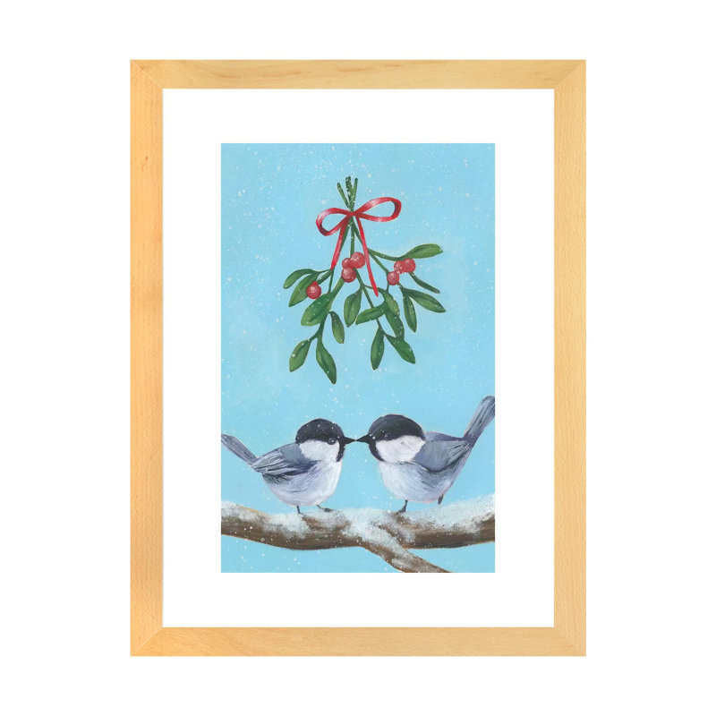 «Chickadee Christmas I 2-Up» par Grace Popp - reproduction, Toile avec cadre en bois beige, Blanc, H 24 po x l 16 po x P 1 po