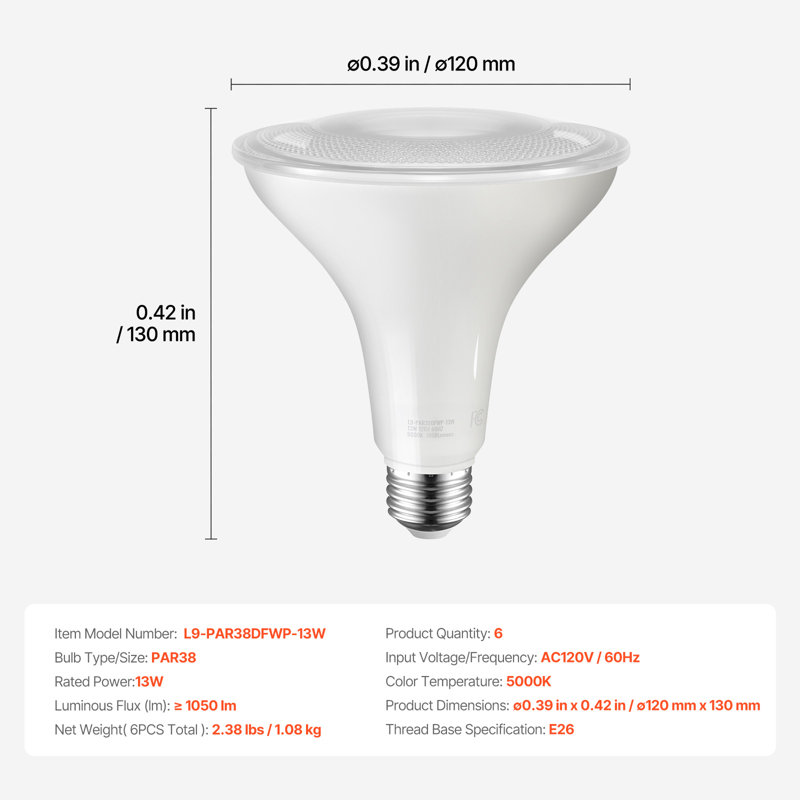 PAR38, ampoule à DEL d'extérieur à intensité variable, 1050 lumens, paquet de 6, intensité variable 5000K