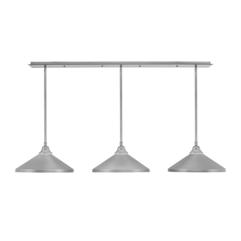 Luminaire suspendu linéaire à 3 lumières suspendu au fini nickel brossé avec abat-jour conique en métal de 14 po